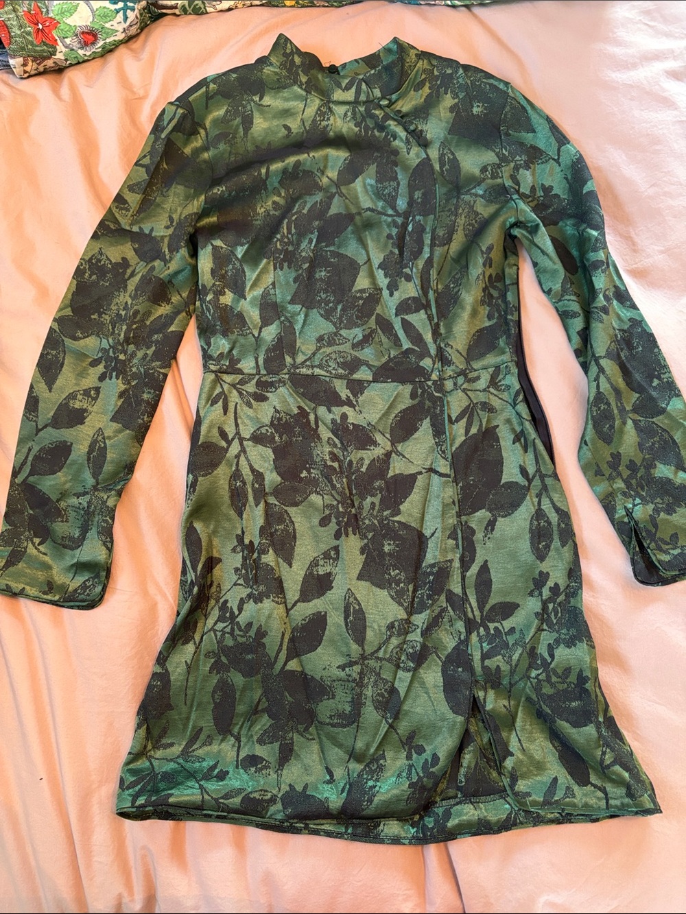Zara Green and Black Floral Long-Sleeve Dress